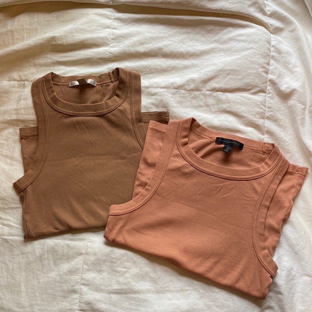 Banana Republic Cotton Tanks High Neck Ribbed Tan Peach Bundle Lot